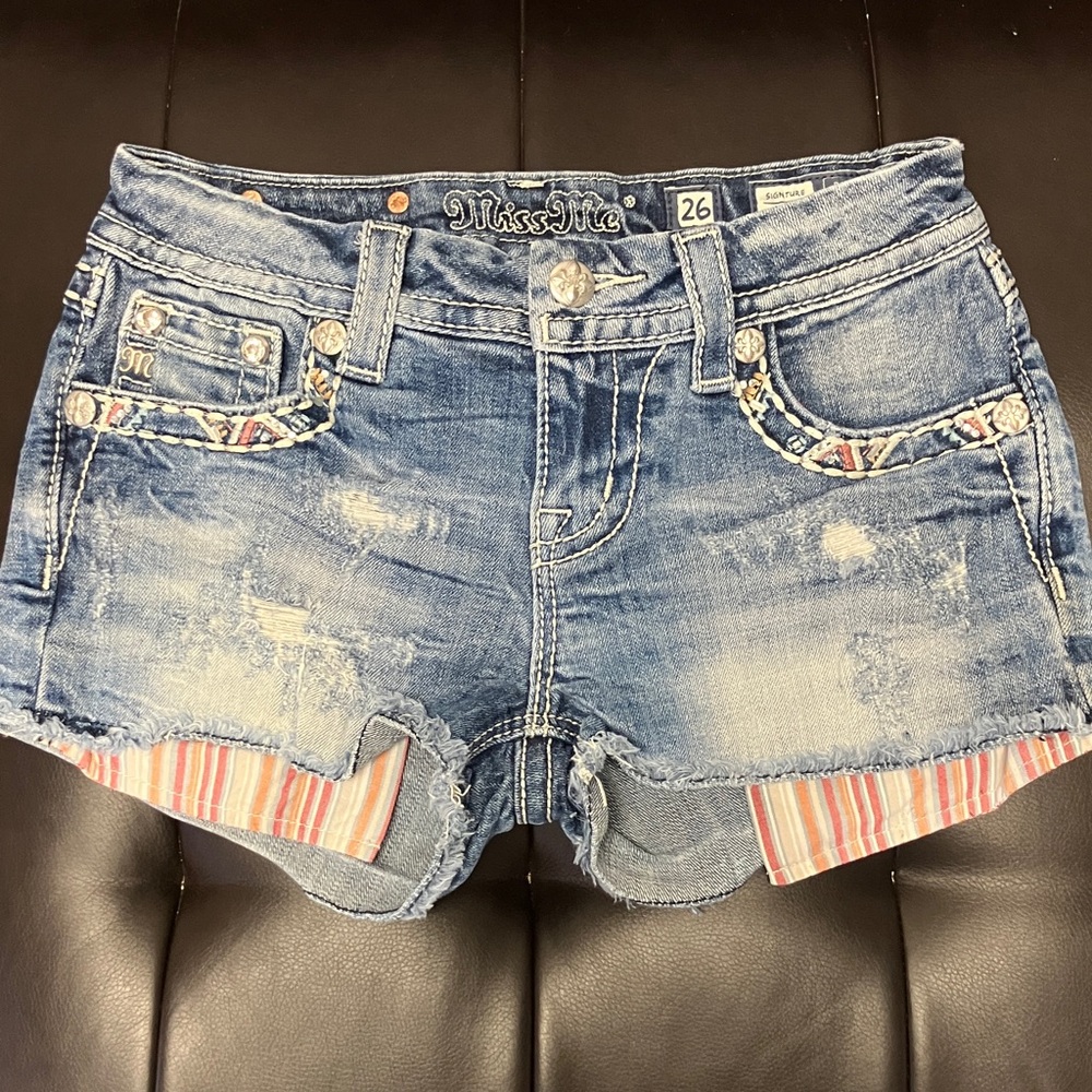 Miss Me Distressed Blue Jean Shorts with Striped Accents